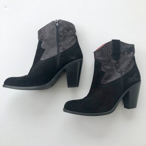 DESIGUAL Suede Ankle Boot Western Boho Style Black Grey Design Pink EU 39/US 8.5 - Picture 8 of 16